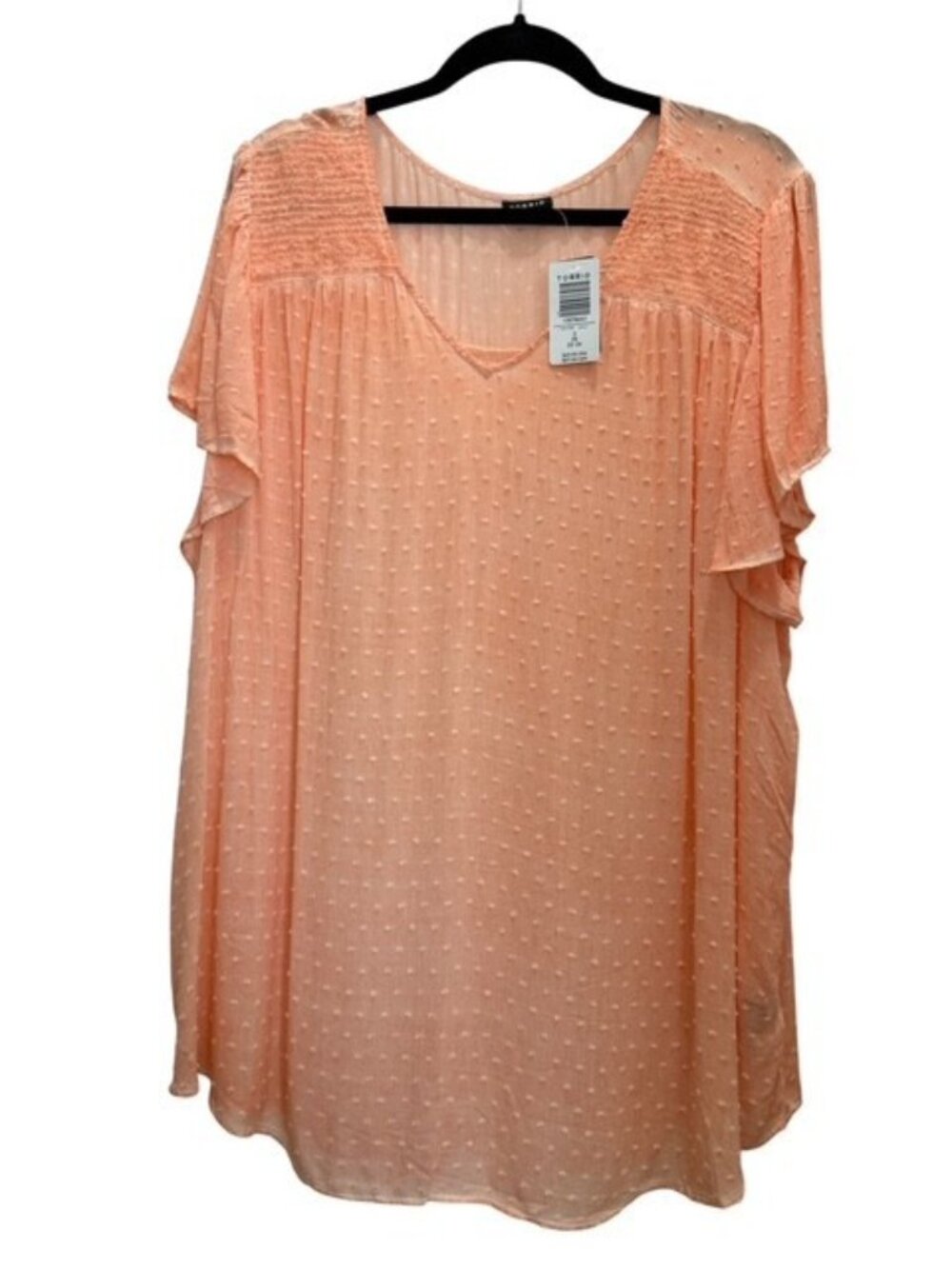 Torrid Swiss Dot Smocked Top V Neck Flutter Sleeves Peach Plus Sz 3 3X Chiffon